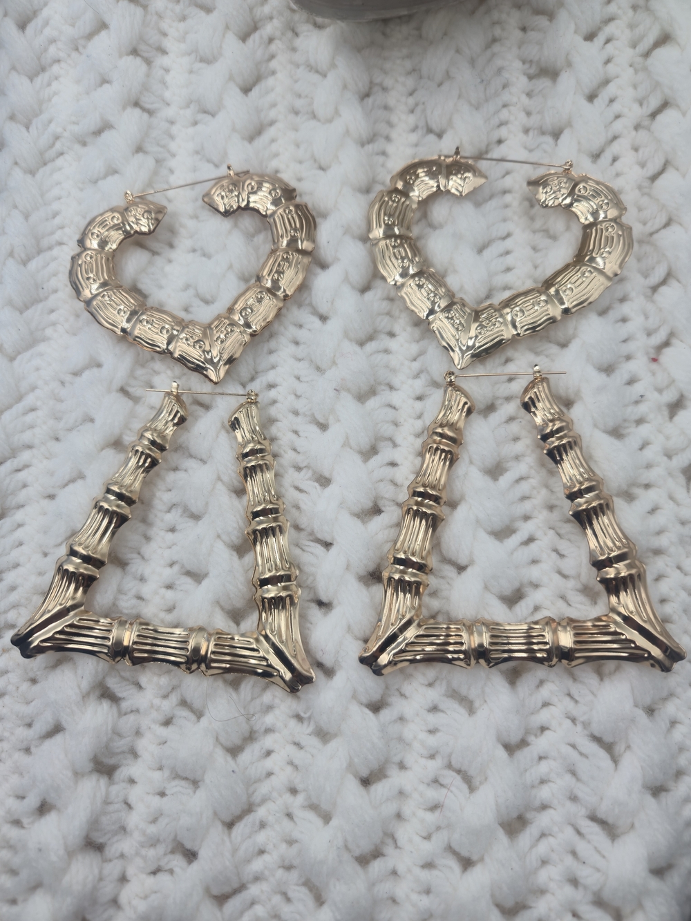 Gold Bamboo Hoop Earrings - Heart & Triangle Sets